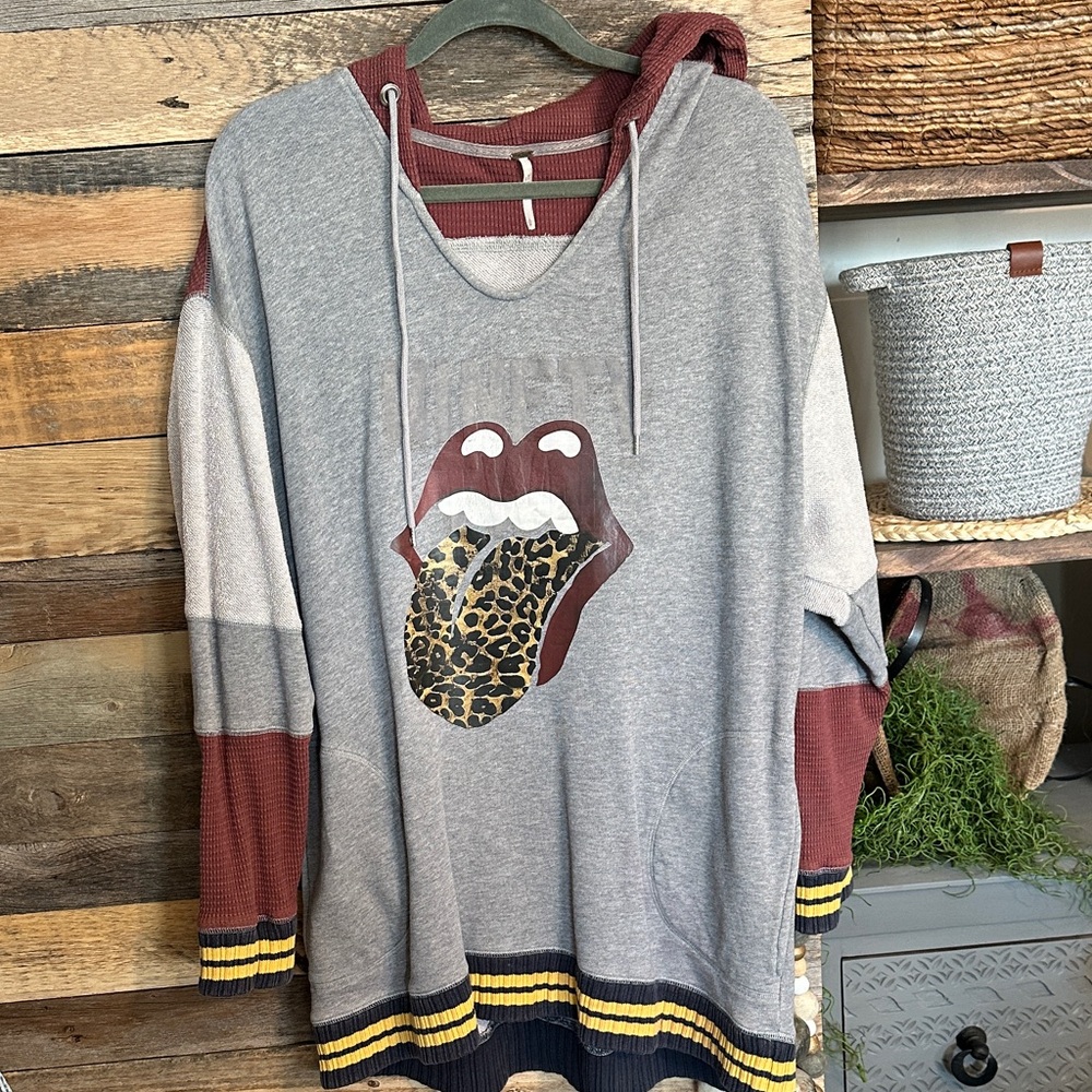 Upcycle inspiration.. Gray Graphic Hoodie with Leopard  FREE PEOPLE